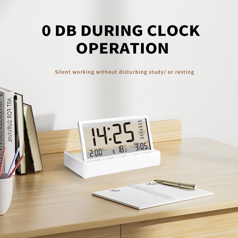 Stolni sat s LED numeričkim prikazom i alarmom; baterijsko napajanje, elektronički mehanizam; plastično kućište, brojčanik od organskog stakla; crtani stil.