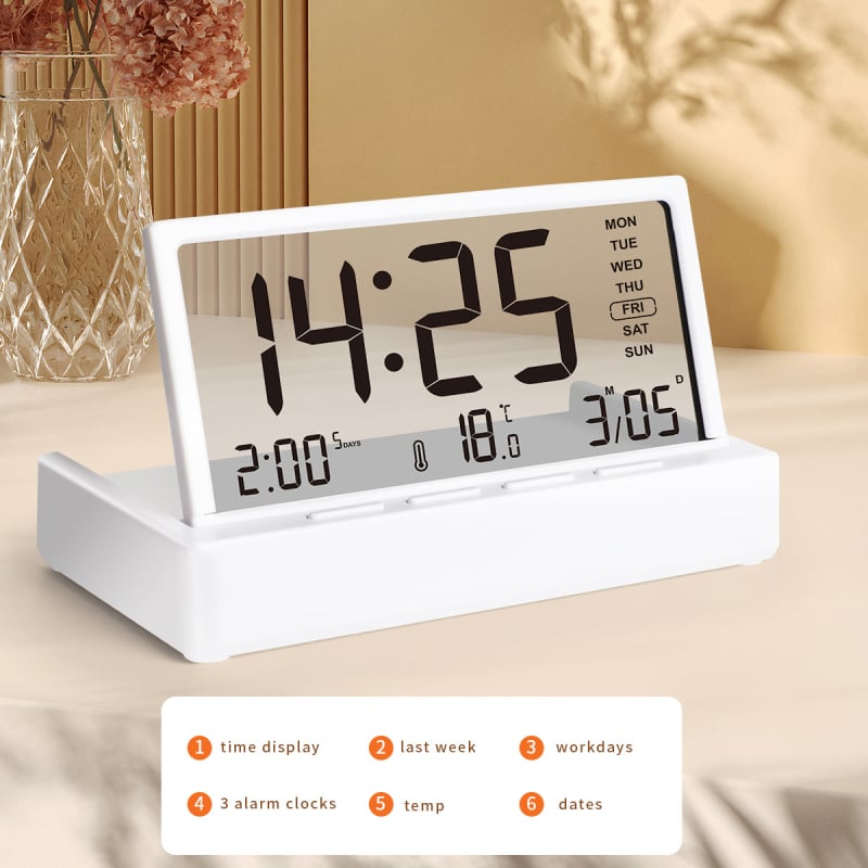 Stolni sat s LED numeričkim prikazom i alarmom; baterijsko napajanje, elektronički mehanizam; plastično kućište, brojčanik od organskog stakla; crtani stil.