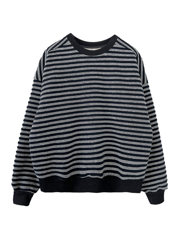 Γυναικείο φούτερ σε στυλ Κορέας με ρίγες, φλις επένδυση, στρογγυλός λαιμός, μακριά Raglan μανίκια, χαλαρή γραμμή, ύφασμα βαμβάκι-πολυεστέρας 70–80% βαμβάκι, χειμώνας 2025.