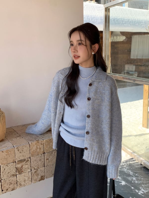 Γυναικεῖος cardigan από μίγμα μαλλιού, χνουδωτή υφή, γιακά τύπου πέτο, κούμπωμα με ένα κουμπί