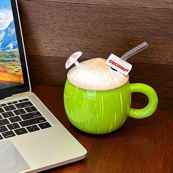 Κεραμικό κύπελλο νερού σε σχήμα καρύδας με καπάκι και καλαμάκι — απλό στυλ; ιδανικό ως επιχειρηματικό/διαφημιστικό δώρο για άνδρες, δώρο γενεθλίων