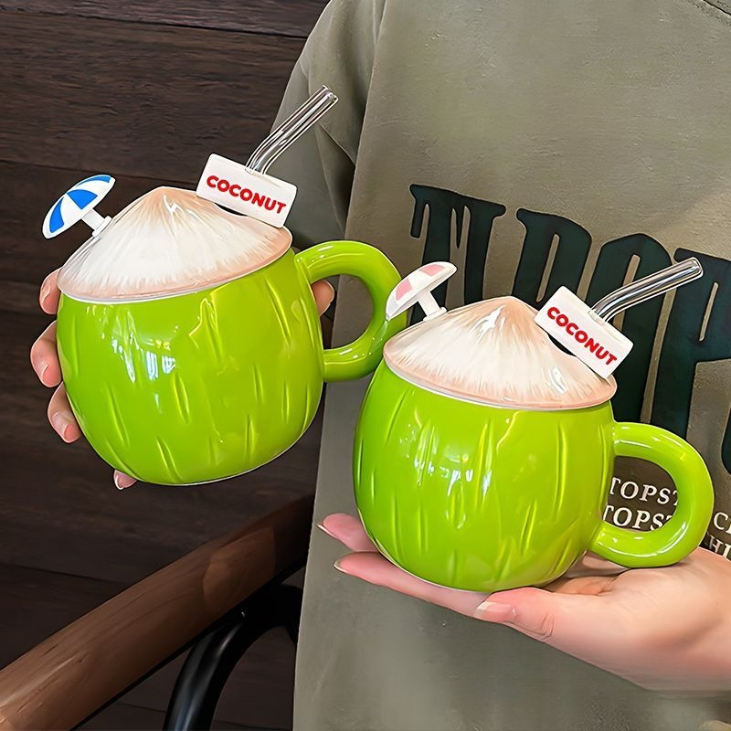 Κεραμικό κύπελλο νερού σε σχήμα καρύδας με καπάκι και καλαμάκι — απλό στυλ; ιδανικό ως επιχειρηματικό/διαφημιστικό δώρο για άνδρες, δώρο γενεθλίων