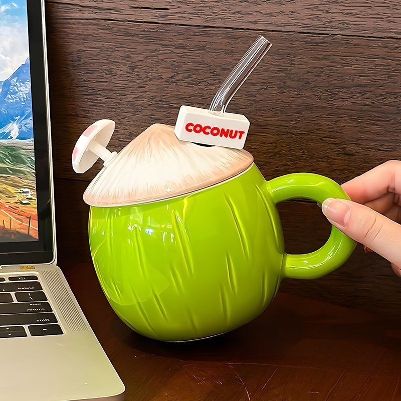 Κεραμικό κύπελλο νερού σε σχήμα καρύδας με καπάκι και καλαμάκι — απλό στυλ; ιδανικό ως επιχειρηματικό/διαφημιστικό δώρο για άνδρες, δώρο γενεθλίων