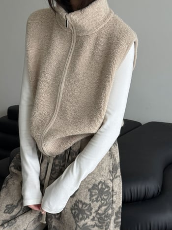 Gyapjúkeverékből készült mellény álló gallérral és cipzárral, bő szabású, japán-koreai lazább stílus