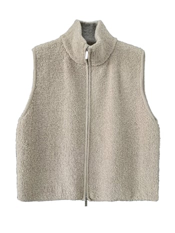 Gyapjúkeverékből készült mellény álló gallérral és cipzárral, bő szabású, japán-koreai lazább stílus