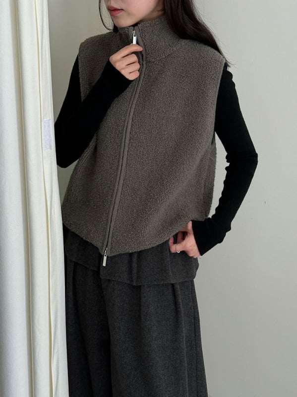 Gyapjúkeverékből készült mellény álló gallérral és cipzárral, bő szabású, japán-koreai lazább stílus