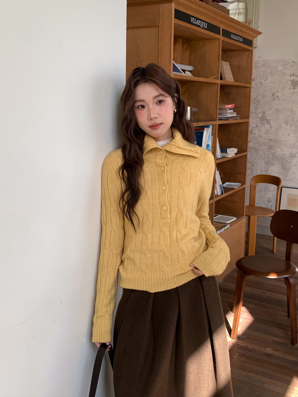 Πλεκτό πουλόβερ από Acrylic Blend - Turn-down Collar, Μακρύ Μανίκι, Regular Fit, Μεσαίο Πάχος, Pullover, Γυναικείο Casual για τον χειμώνα 2025