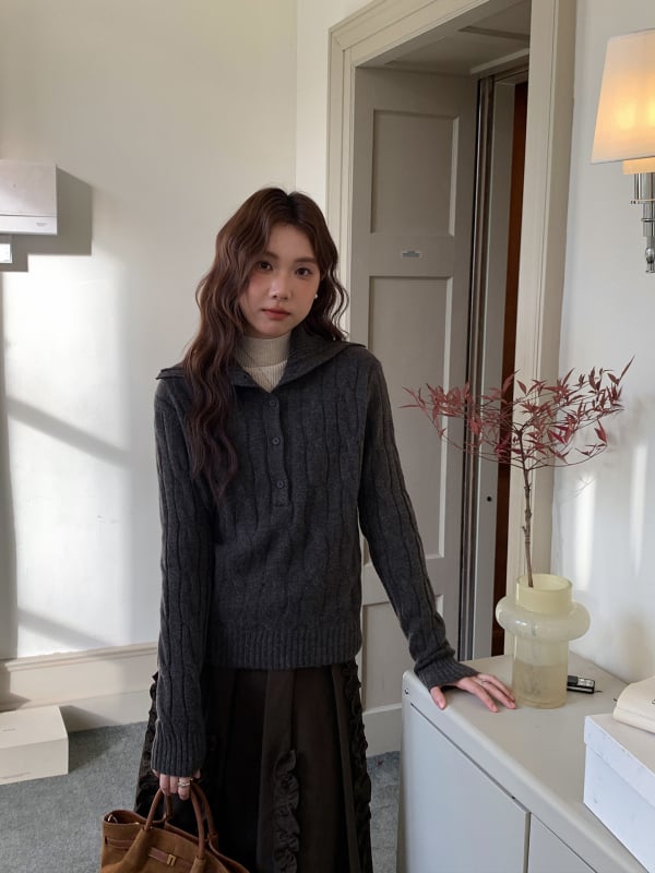 Πλεκτό πουλόβερ από Acrylic Blend - Turn-down Collar, Μακρύ Μανίκι, Regular Fit, Μεσαίο Πάχος, Pullover, Γυναικείο Casual για τον χειμώνα 2025