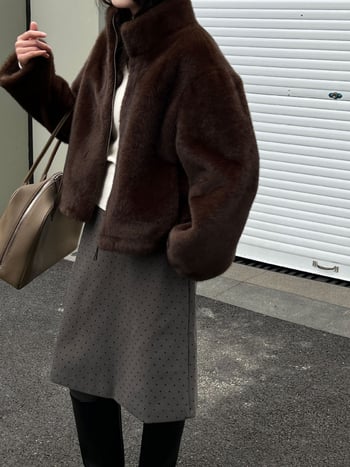 Γυναικείο παλτό από τεχνητή γούνα μίνκ, κορεατικού στυλ, με σταθερή γιακά, πολυεστέρας, χειμώνας 2025