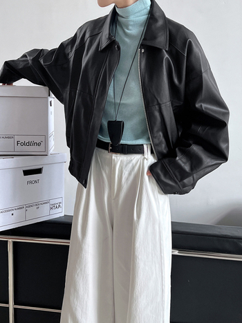 Γυναικείο PU δερμάτινο τζάκετ σε στυλ Χονγκ Κονγκ, άνετη γραμμή, φερμουάρ