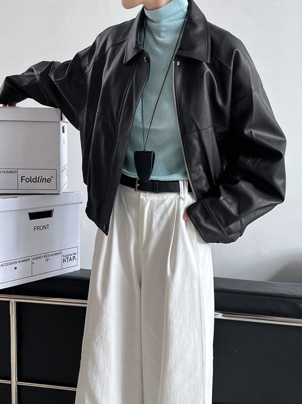 Γυναικείο PU δερμάτινο τζάκετ σε στυλ Χονγκ Κονγκ, άνετη γραμμή, φερμουάρ