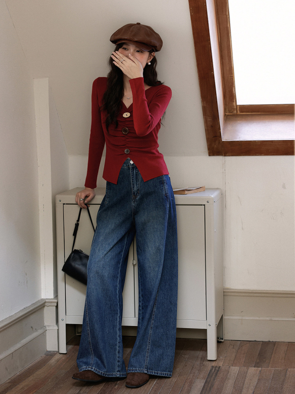 Ženske džins hlače s visokim strukom, širokim ravnim krojem, materijal 95%+ pamuk s poliesterom, uobičajena debljina, korejski stil, jesen 2025