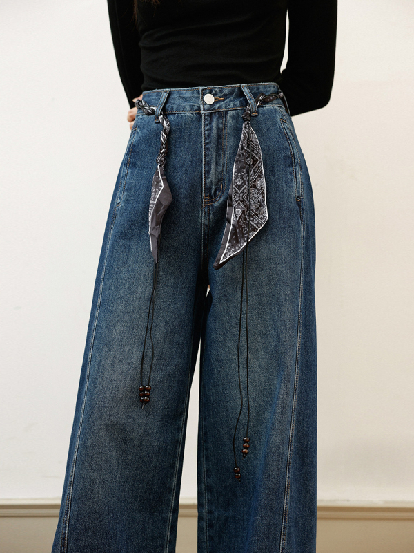 Ženske džins hlače s visokim strukom, širokim ravnim krojem, materijal 95%+ pamuk s poliesterom, uobičajena debljina, korejski stil, jesen 2025