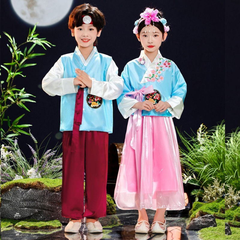 Dječji Hanbok plesni kostim – unisex, etnički stil, proljeće 2025; tkanina: Spandex; glavni materijal: akrilna vlakna 80%; na skladištu; za djecu 8+ godina