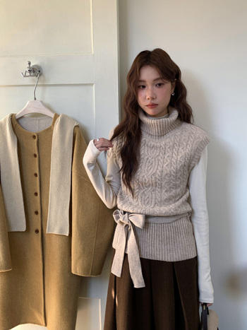 Γυναικείος πλεκτός πουλόβερ από ακρυλικό μείγμα, χωρίς μανίκια, με υψηλή λαιμόκοψη, μεσαίας πυκνότητας, στυλ Κορεατικό τοπ για layering