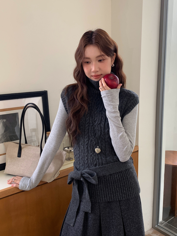 Γυναικείος πλεκτός πουλόβερ από ακρυλικό μείγμα, χωρίς μανίκια, με υψηλή λαιμόκοψη, μεσαίας πυκνότητας, στυλ Κορεατικό τοπ για layering