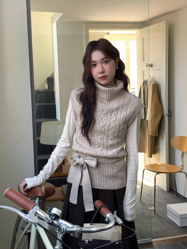 Γυναικείος πλεκτός πουλόβερ από ακρυλικό μείγμα, χωρίς μανίκια, με υψηλή λαιμόκοψη, μεσαίας πυκνότητας, στυλ Κορεατικό τοπ για layering