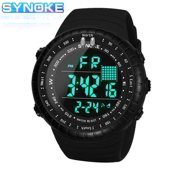 SYNOKE férfi digitális kültéri óra világító kijelzővel, 50m vízállóság, elektronikus szerkezet, kör alakú műanyag tokkal