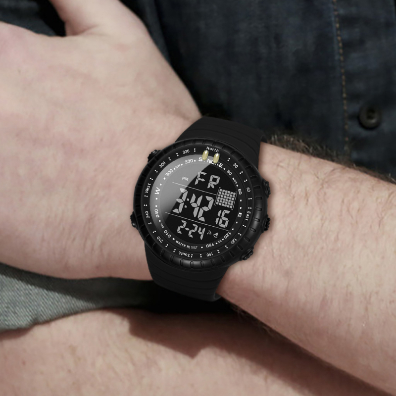 SYNOKE férfi digitális kültéri óra világító kijelzővel, 50m vízállóság, elektronikus szerkezet, kör alakú műanyag tokkal