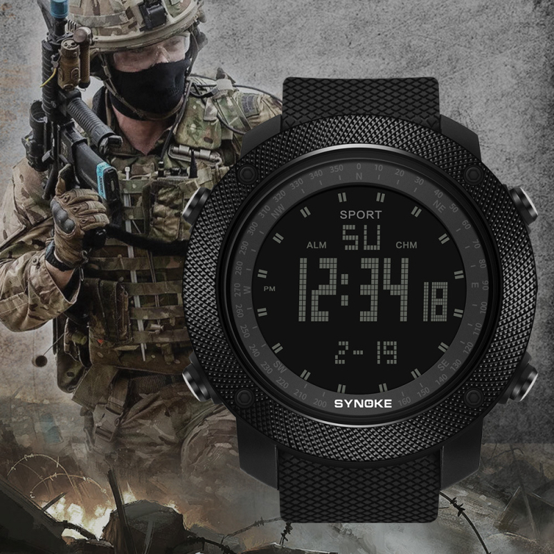 SYNOKE digitalni sportski sat za muškarce – vojni stil, 40 mm brojčanik, elektronički pokret S0018, vodootporan do 50 m, luminescencijski prikaz