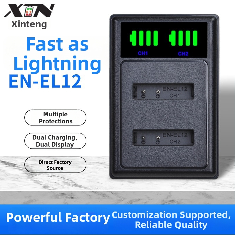 Nabíjačka pre batériu Nikon EN-EL12 od Xintin s rozhraním Type-C/Micro USB.