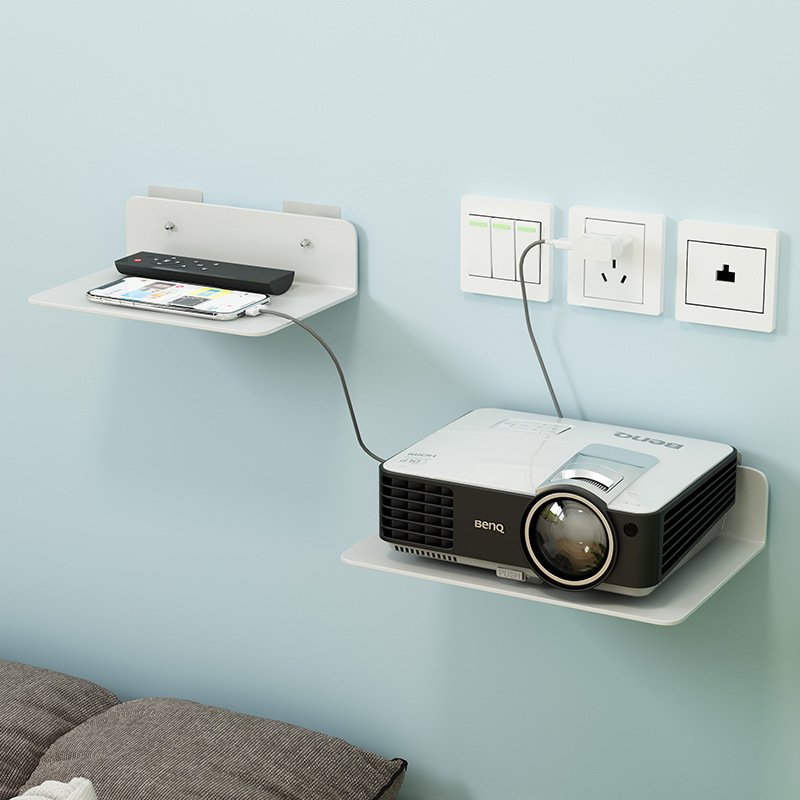 Zidni regał za projektor i router, bez bušenja, od karbonskog čelika, jednostavan moderni dizajn, montaža pomoću usisne čašice na zid, 1 sloj, namijenjeno dnevnom boravku