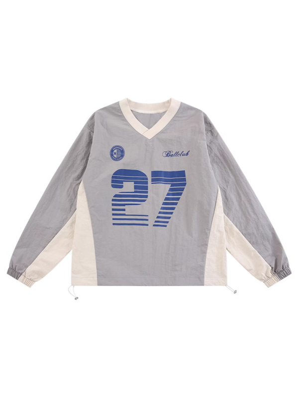 Korejskog stila pleteni T-shirt s patchwork šavom i motivom slova, V-izrez, dugi rukavi, muški sportsko-udobni top