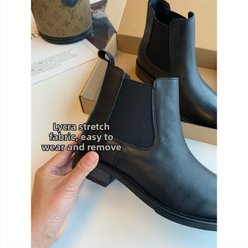 Chelsea čižmy z hovädzej kože s gumovou podrážkou, nízky členok, guľatý špička, Slip-on, stredný vysoký podpätok 3-5 cm