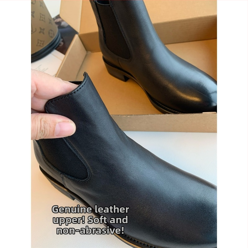 Chelsea čižmy z hovädzej kože s gumovou podrážkou, nízky členok, guľatý špička, Slip-on, stredný vysoký podpätok 3-5 cm