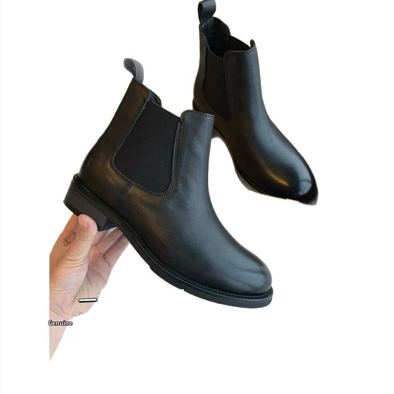 Chelsea čižmy z hovädzej kože s gumovou podrážkou, nízky členok, guľatý špička, Slip-on, stredný vysoký podpätok 3-5 cm