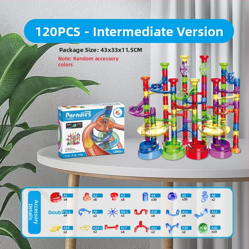 Golyós futópálya építő készlet – ABS műanyag, akkumulátoros, 100–200 darab, 4–6 éveseknek