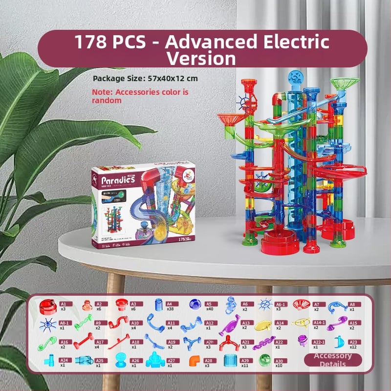 Golyós futópálya építő készlet – ABS műanyag, akkumulátoros, 100–200 darab, 4–6 éveseknek