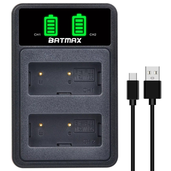 Двоен зарядник NP-W126 за батерия NP-W126S на Fuji | изход 8.4V 0.6A×2, вход 5V/2.1A, интерфейси USB-C / Micro / USB-A