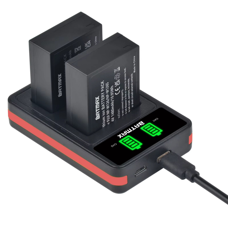 Двоен зарядник NP-W126 за батерия NP-W126S на Fuji | изход 8.4V 0.6A×2, вход 5V/2.1A, интерфейси USB-C / Micro / USB-A