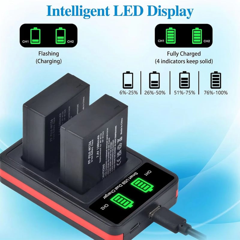 Двоен зарядник NP-W126 за батерия NP-W126S на Fuji | изход 8.4V 0.6A×2, вход 5V/2.1A, интерфейси USB-C / Micro / USB-A