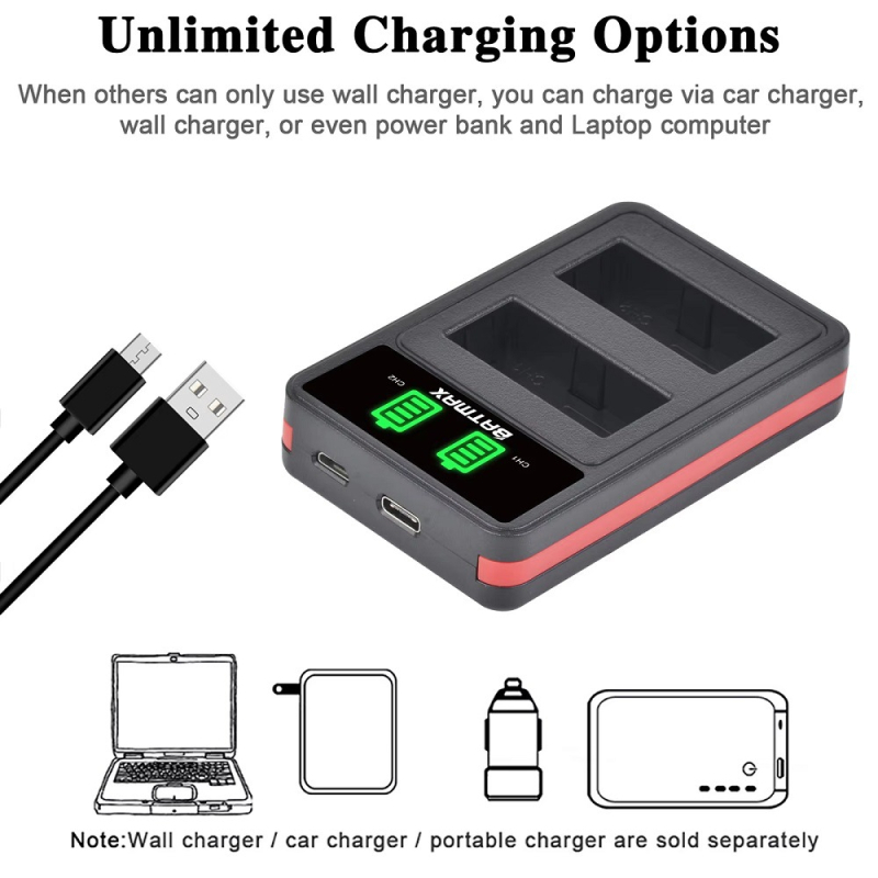 Двоен зарядник NP-W126 за батерия NP-W126S на Fuji | изход 8.4V 0.6A×2, вход 5V/2.1A, интерфейси USB-C / Micro / USB-A