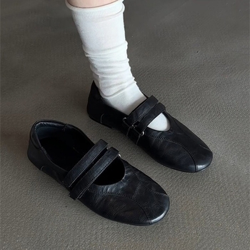 Ženske Mary Jane ravne cipela s plitkim otvorom, okrugli vrh, gornji dio od mikrovlakne kože, Velcro zatvarač, niski potpetica 1–3 cm