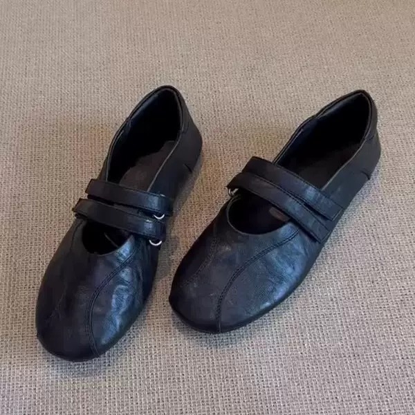 Ženske Mary Jane ravne cipela s plitkim otvorom, okrugli vrh, gornji dio od mikrovlakne kože, Velcro zatvarač, niski potpetica 1–3 cm