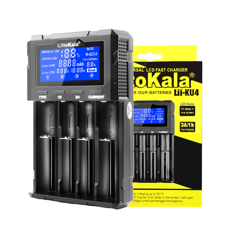 Liitokala QC3.0 töltő négy független töltőhelyekkel és mikro-számítógépes vezérlőrendszerrel, bemenet 5V, kimenet 4.2V/2A