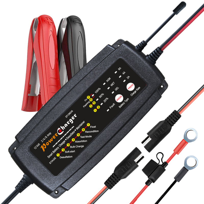 EP 3-in-1 automata intelligens autó- és motorkerékpár akkumulátor töltő 7-szegmenses kijelzővel, bemenet 110/220 VAC, kimenet 12-15 V, CE/FCC/ROHS/UKCA