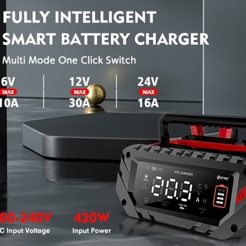 HTRC Încărcător de baterii pentru bateriile de mașină și motocicletă, intrare 100-240 V AC, ieșire 15.2 V 30 A, certificat CE