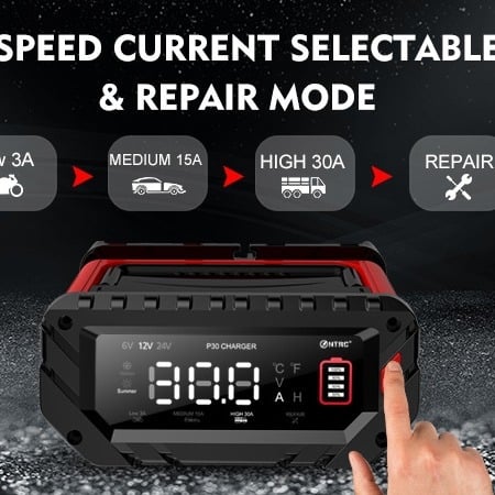 HTRC Încărcător de baterii pentru bateriile de mașină și motocicletă, intrare 100-240 V AC, ieșire 15.2 V 30 A, certificat CE