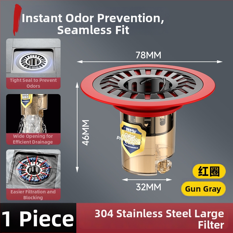 Jadro podnog odvodnje s velikim filtrom — materijal: nehrđajući čelik + ABS; zatvoren odvod protiv mirisa; anti-insekti; anti-povratni tok