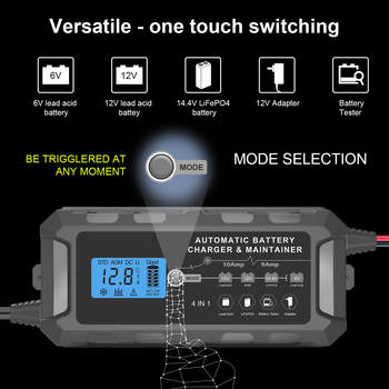 Everpower Pametni punjač baterija za automobile LiFePO4/Li-ion/Lead-Acid, LCD zaslon, izlaz 12V, struja punjenja 10A, ulaz 110-220V AC