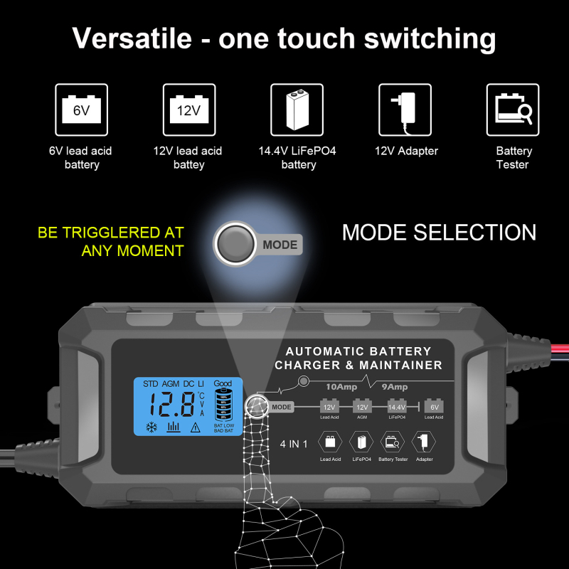 Everpower Pametni punjač baterija za automobile LiFePO4/Li-ion/Lead-Acid, LCD zaslon, izlaz 12V, struja punjenja 10A, ulaz 110-220V AC