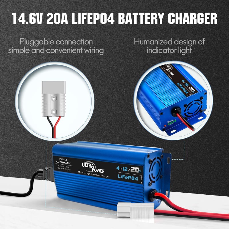 Inteligentno punjač LiFePO4 baterija 14.6V 20A, 4S, aluminijsko kućište, ulaz 100-240V AC, CE FCC ROHS UKCA