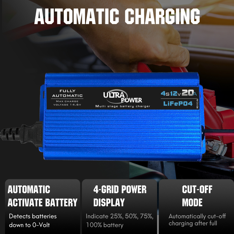 Inteligentno punjač LiFePO4 baterija 14.6V 20A, 4S, aluminijsko kućište, ulaz 100-240V AC, CE FCC ROHS UKCA