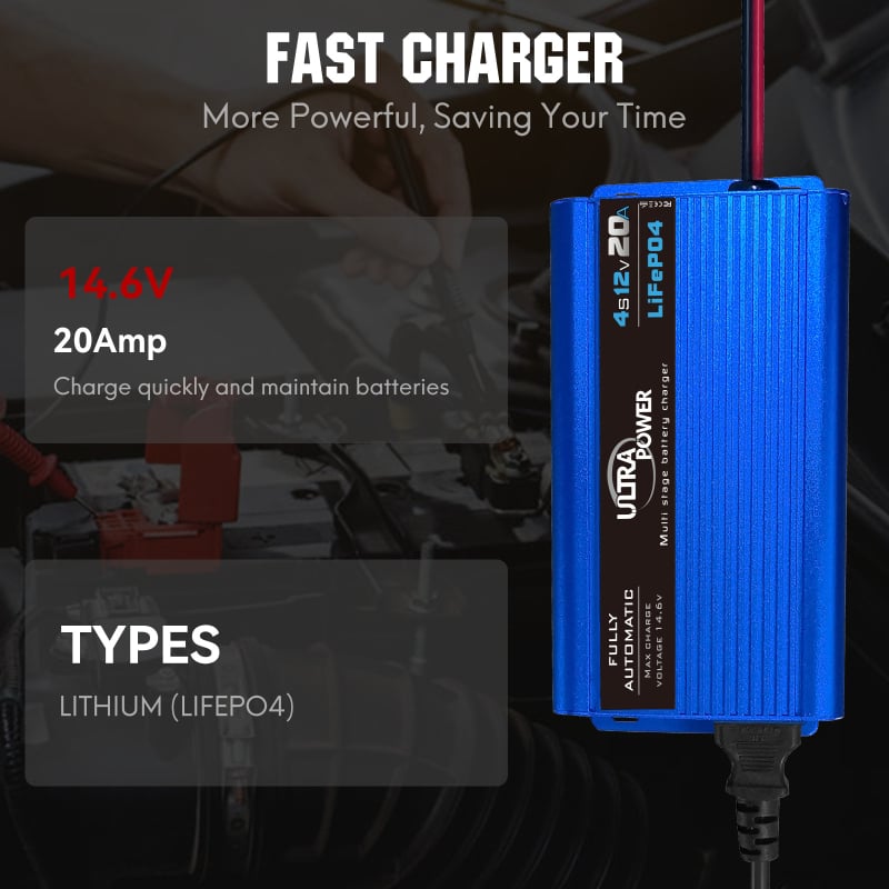 Inteligentno punjač LiFePO4 baterija 14.6V 20A, 4S, aluminijsko kućište, ulaz 100-240V AC, CE FCC ROHS UKCA