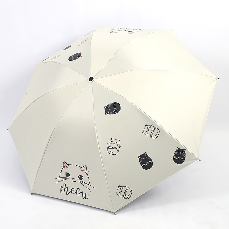 Umbrelă pliabilă cu design pisică desen animat, imprimare logo, UPF>40, 8 brațe din oțel, pânză 190T