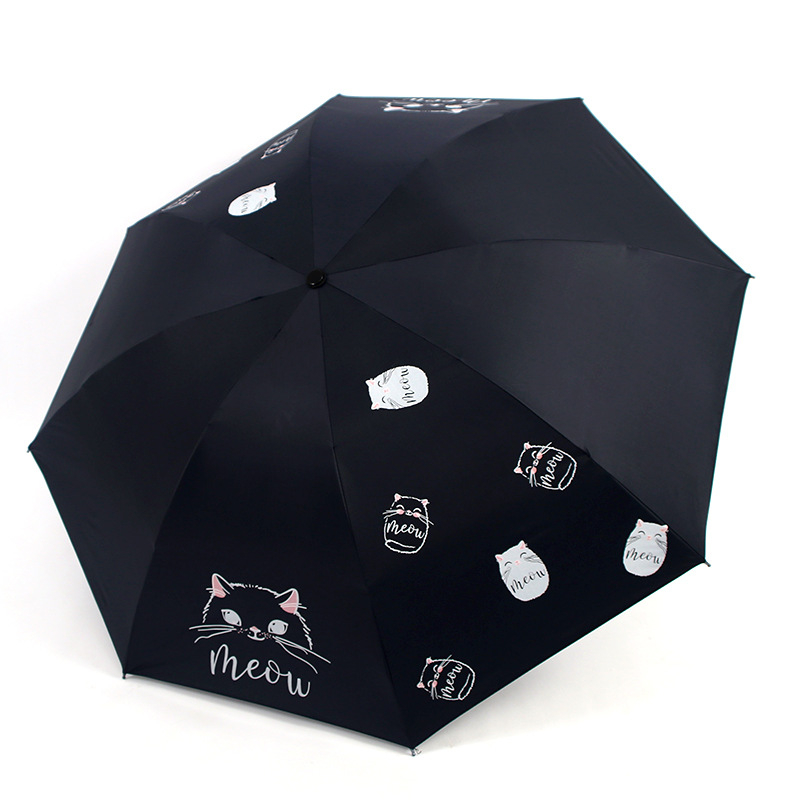 Umbrelă pliabilă cu design pisică desen animat, imprimare logo, UPF>40, 8 brațe din oțel, pânză 190T